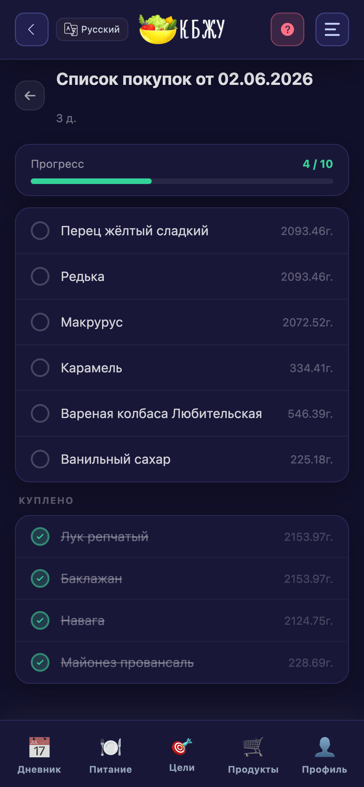 Список покупок из рациона