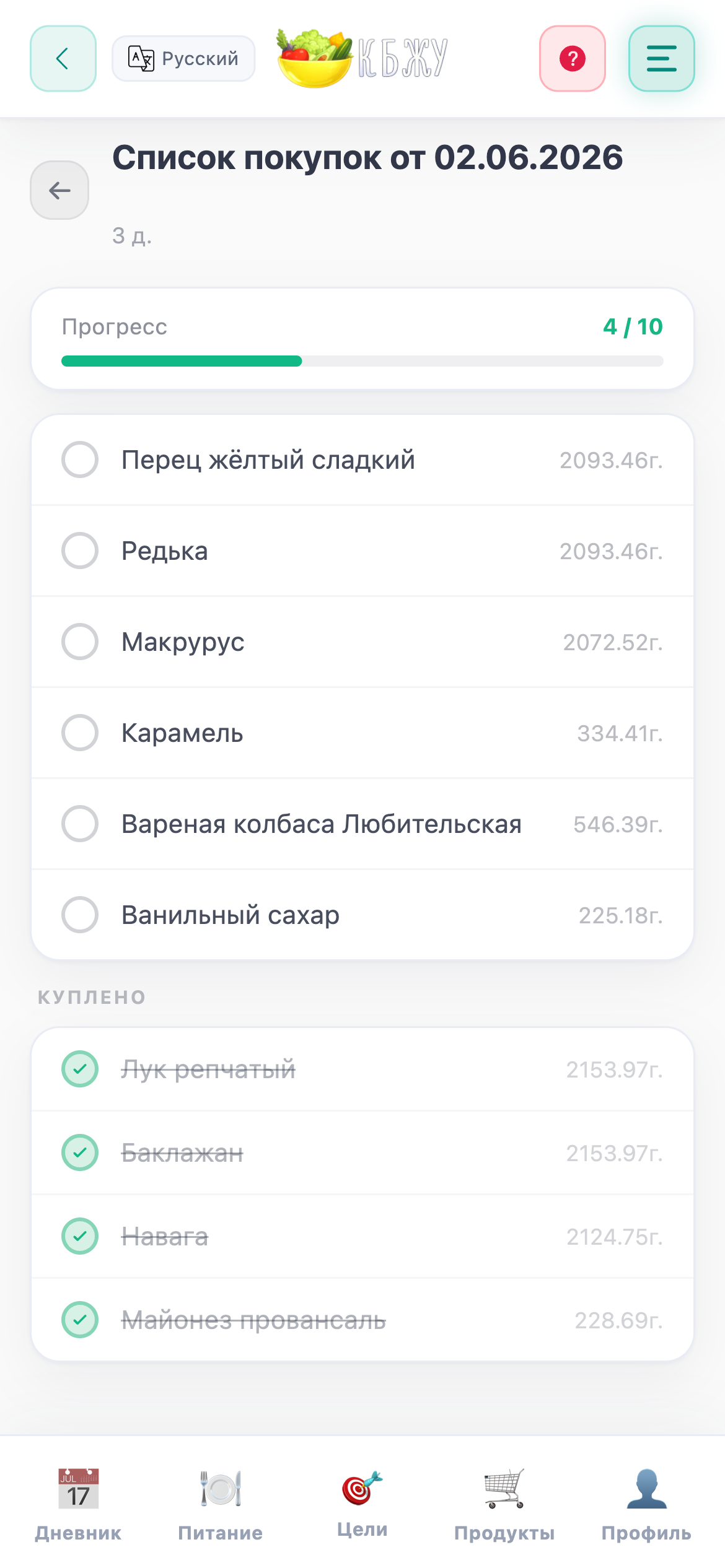 Список покупок из рациона